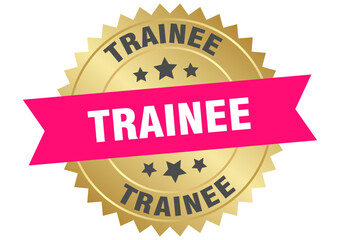 trainee. trainee round pink and gold label isolated on transparent background