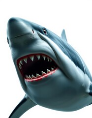 A powerful great white shark, isolated against a stark white background, showcasing its sharp teeth and menacing presence, nature, teeth