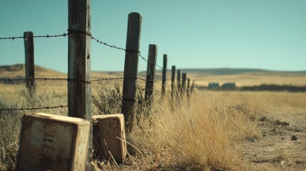 Rustic wooden fence, arid landscape, rural scene, stock photography