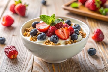 A delightful bowl of creamy yogurt topped with crunchy granola, succulent strawberries, and plump blueberries, garnished with fresh mint leaves, presented on a rustic wooden surface.