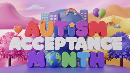Autism Acceptance Month. Bright letters in various hues on playful landscape. Neurodiversity, inclusivity, and awareness