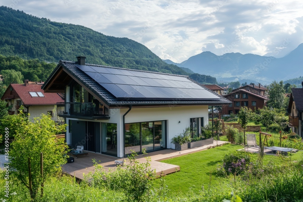 Poster modern house with solar panels surrounded by lush greenery in a serene mountain setting during dayti