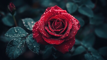 Velvety red rose, glistening with droplets, blooms amidst lush green leaves. A captivating, softly blurred background enhances its beauty