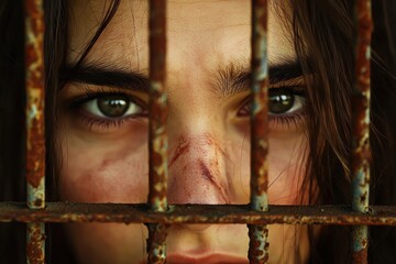 Close-up of a distressed woman's face behind rusty bars, conveying themes of imprisonment, hardship, and the struggle for liberation amidst adversity.