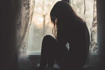 Obraz premium Silhouette of Sad Woman Sitting by Window with Sunlight Streaming Through