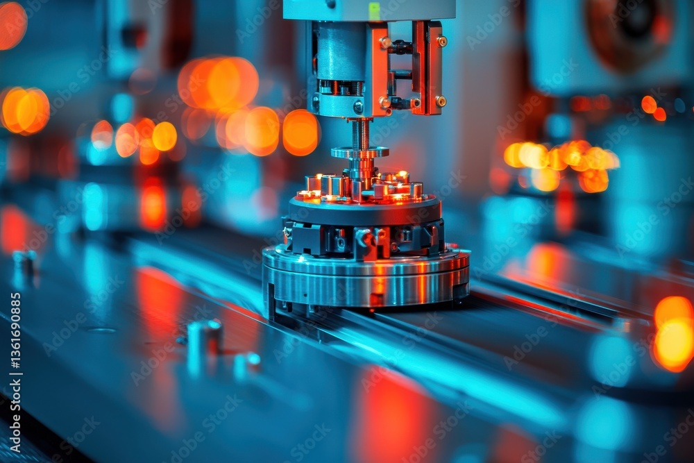 Poster close-up of a sophisticated robotic arm working on a high-tech assembly line with neon lights, illus