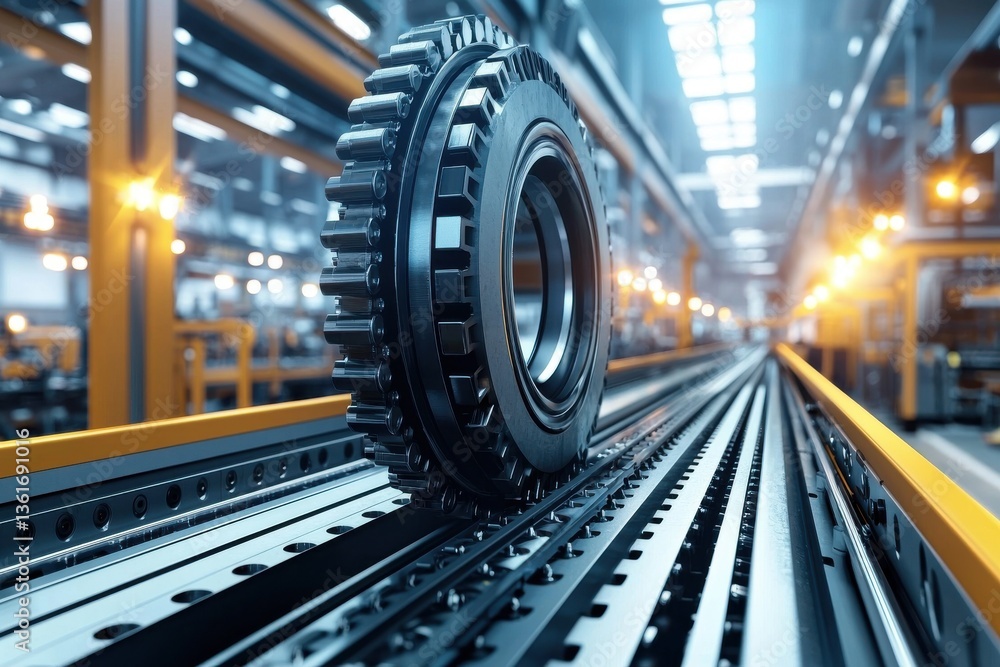Poster a large metallic wheel on a track in a factory setting, showcasing industrial precision and automate