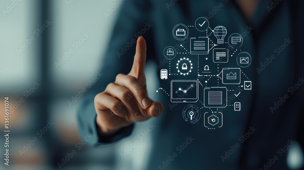 Fototapete person in suit interacts with digital interface, touching virtual icons representing technology and 