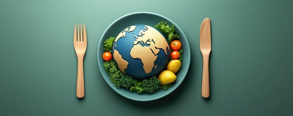 A colorful globe surrounded by fresh vegetables on a plate, symbolizing the connection between food and the world.