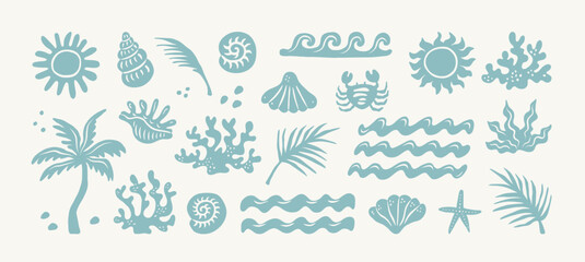 Summer boho vintage sticker set. Hand drawn palm tree, sun and sea, seashells, wave, coral, crab in naive groovy style. Tropical surf club concept, ocean, vacation and travel. Vector collage elements. © Anna Bova
