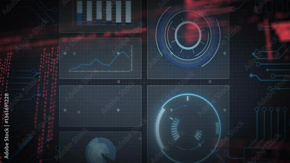 Poster graphs and circular charts animating on digital interface for data processing