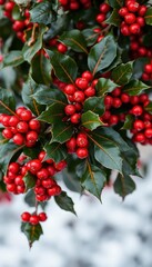 Obraz premium A vibrant winter holly branch laden with glistening red berries, shiny, photography, green