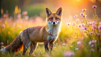 A majestic red fox standing proudly amidst a vibrant field of wildflowers bathed in the warm golden light of sunset