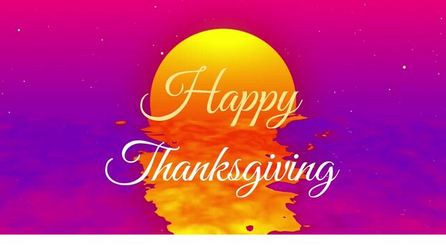 Thanksgiving animation with elegant script text over sunset water scene