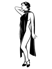 Naked Woman Covered by Shawl. Black and white vector clipart isolated on white.