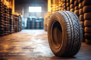 Close up of a car tire at a warehouse, with stacks of tires blurred in background, displaying the tread and rubber texture, in a car service center.