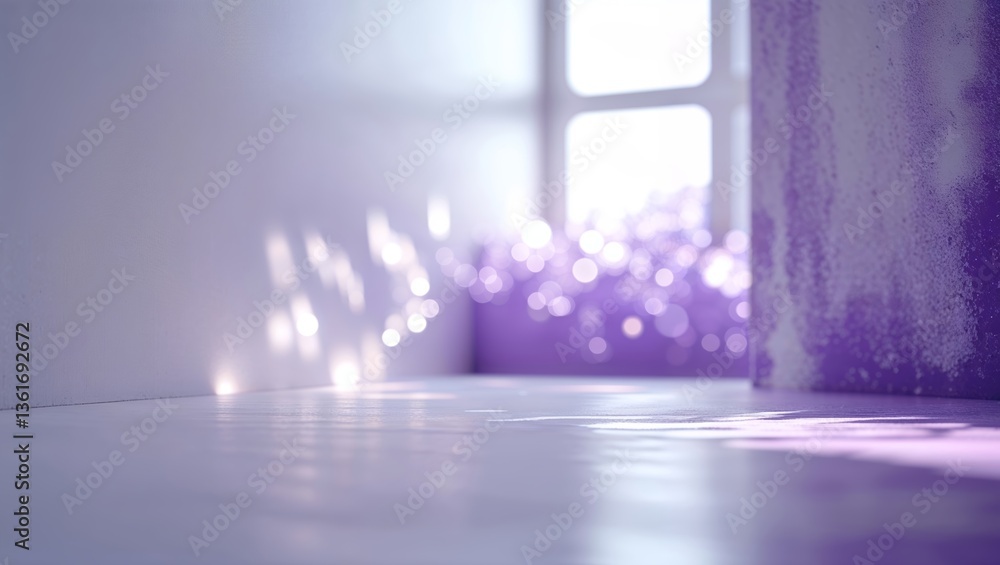 Poster soft light filters through a window illuminating a serene purple space with gentle reflections at mi