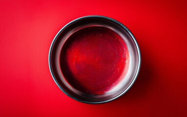 Bowl filled with water resting on a vibrant red surface, creating a striking visual contrast