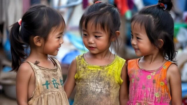 Three adorable asian dirty girls sharing a moment of joy outdoors in the street