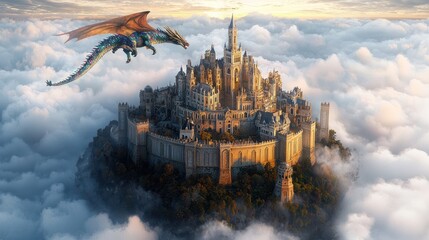 Fototapeta premium Floating castle, dragon soaring