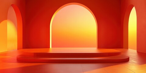 Bright orange stage with arches and warm gradient background during sunset atmosphere