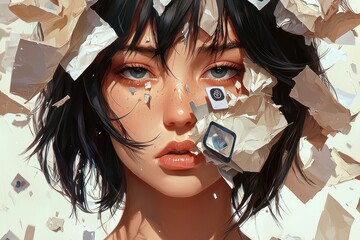 Digital portrait of a woman surrounded by paper, symbolizing the overwhelming impact of digital information, waste, and the need for mindful consumption in the modern age.