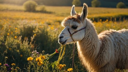 Fototapeta premium A llama grazing in a vibrant flower-filled meadow at sunset.