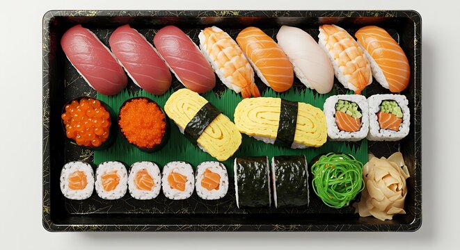 Top-down view of a sushi platter mockup with assorted nigiri and maki rolls, neatly arranged on a white background - Powered by Adobe