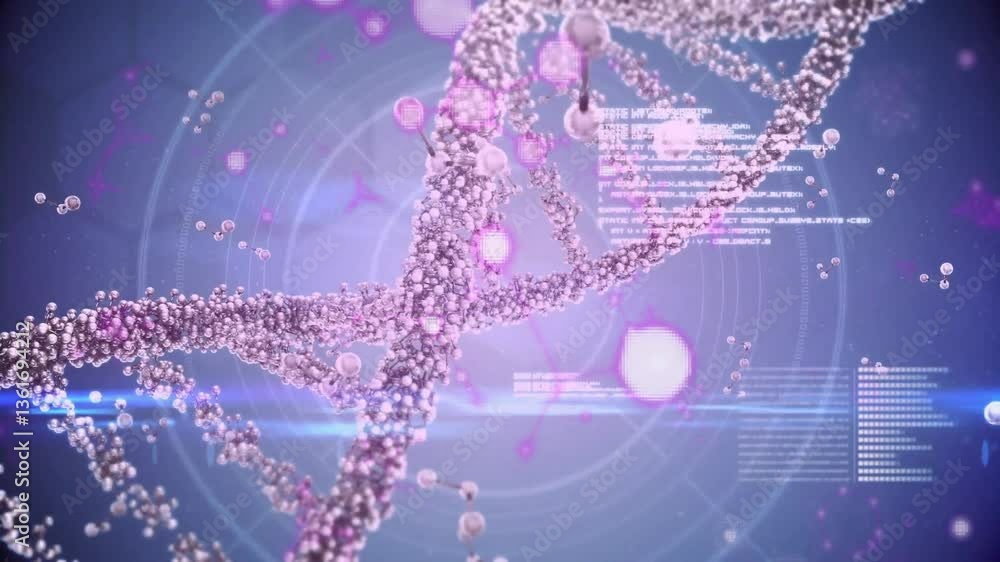 Poster scientific data processing animation with dna strand and binary coding elements