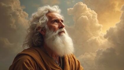 Portrait of Abraham, biblical patriarch, looks heavenward. Image depicts faith, devotion, hope, trust in god, old testament figure. Portrait against sky with clouds conveys spirituality and worship.