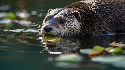 Fototapeta premium A close-up of an otter swimming with leaves on the water's surface.