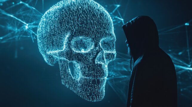 Digital threat looming hacker with ominous skull symbolizing cybersecurity danger