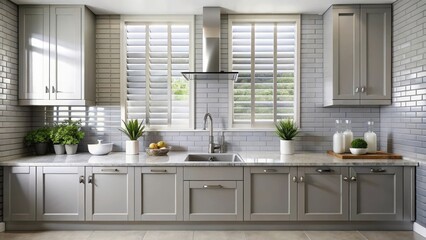 Modern Kitchen Design with Grey Cabinets and Granite Countertops Featuring Stainless Steel Appliances and Window Shutters