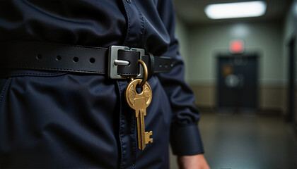 Person wearing black attire with a large key on their belt in a hallway for blogs, websites, security-themed designs, educational materials, and presentations about safety and access