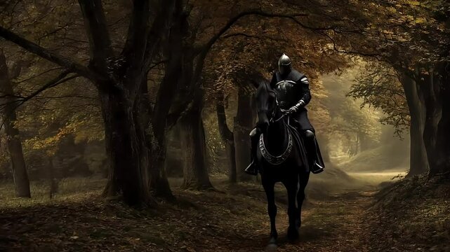 A lone knight riding a horse through a dark forest, surrounded by towering trees and an atmosphere of mystery and adventure
