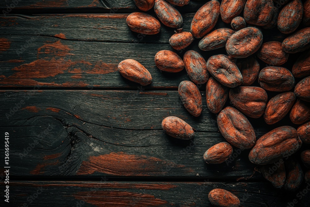 Aufkleber a close-up of raw cacao beans on a rustic dark wood surface, showcasing the natural texture and rich