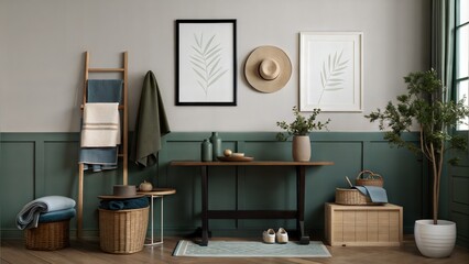 Mock up canvas picture wall artwork frame copy blank paste text Console table decoration