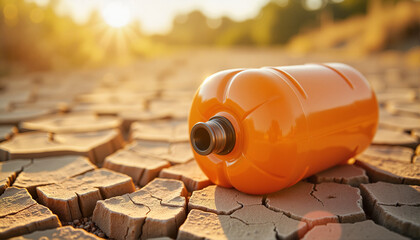 Orange plastic bottle on cracked dry ground for blogs, websites, environmental awareness campaigns, educational materials, and discussions on pollution and waste management