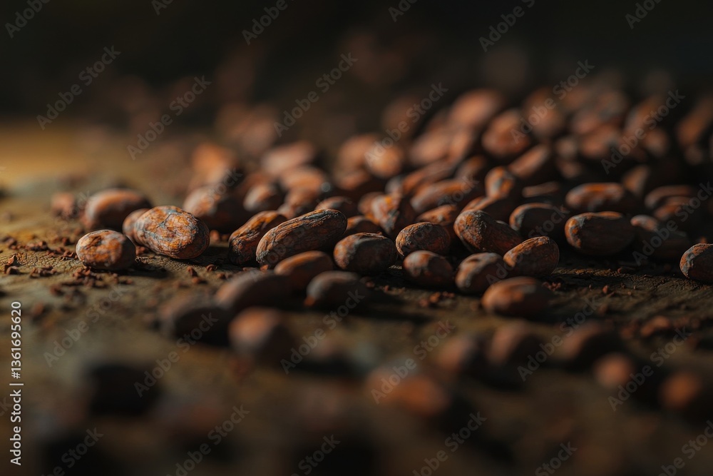 Poster a textured display of raw cocoa beans scattered across a rustic surface, evoking a sense of natural 