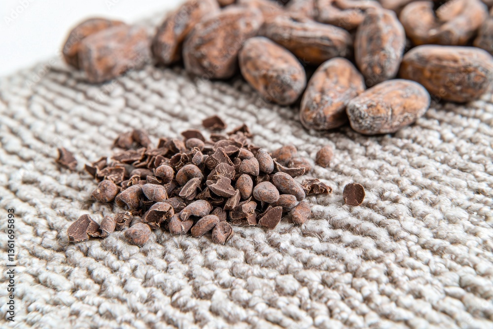 Poster close-up shot featuring cocoa nibs and raw cocoa beans placed on a textured fabric surface, capturin