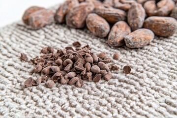 Close-up shot featuring cocoa nibs and raw cocoa beans placed on a textured fabric surface, capturing the essence of artisanal chocolate making.