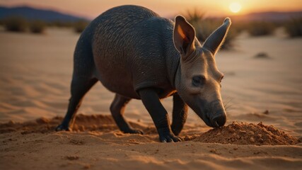 Aarmadillo foraging in sandy desert at sunset.