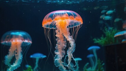 Obraz premium A mesmerizing underwater scene featuring glowing jellyfish in a serene aquarium setting.