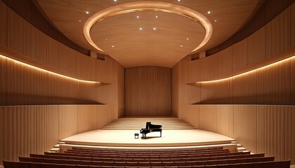 Modern concert hall interior design. Wooden walls, stage, seating, ceiling lights create atmosphere. Piano on stage ready for classical music performance. Architectural details emphasize acoustics.