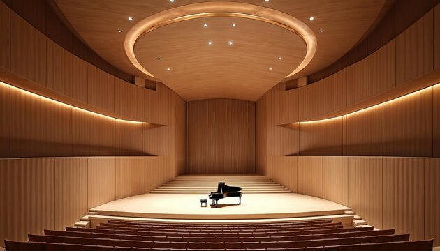 Modern concert hall interior design. Wooden walls, stage, seating, ceiling lights create atmosphere. Piano on stage ready for classical music performance. Architectural details emphasize acoustics.