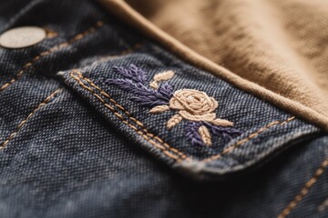Intricate floral embroidery brings denim jacket to life under warm spring sunlight
