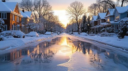 A reflective icy street in the evening winter light creates a peaceful ambiance.
