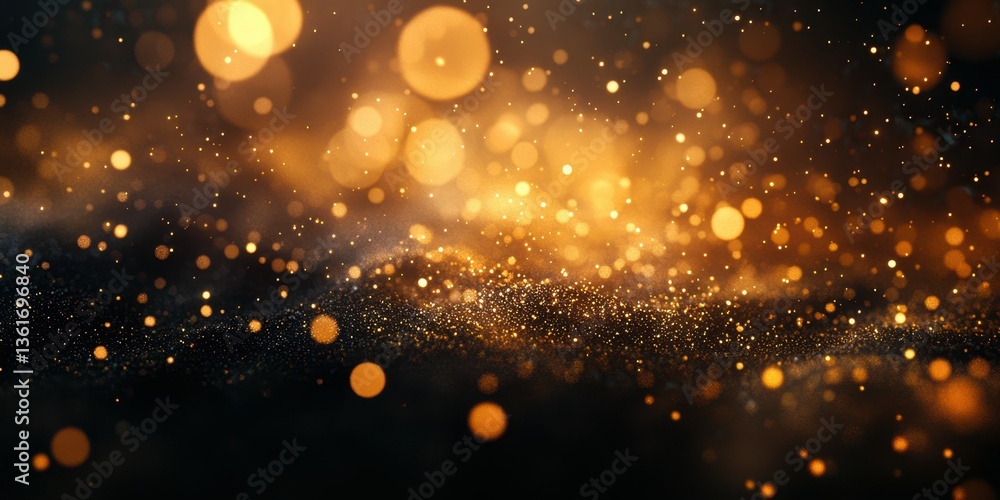 Poster dazzling golden particles shimmer in a dark environment, creating a captivating visual experience