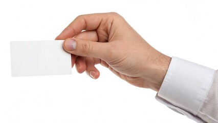 Obraz premium mans Hand holding a blank card in a neutral setting