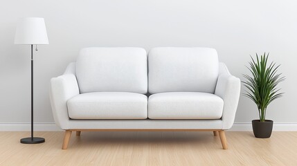 Elegant living room featuring a white couch paired with a stylish armchair and a lively plant for freshness